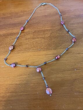 Silver Chain Necklace with Red freshwater Pearl Beads